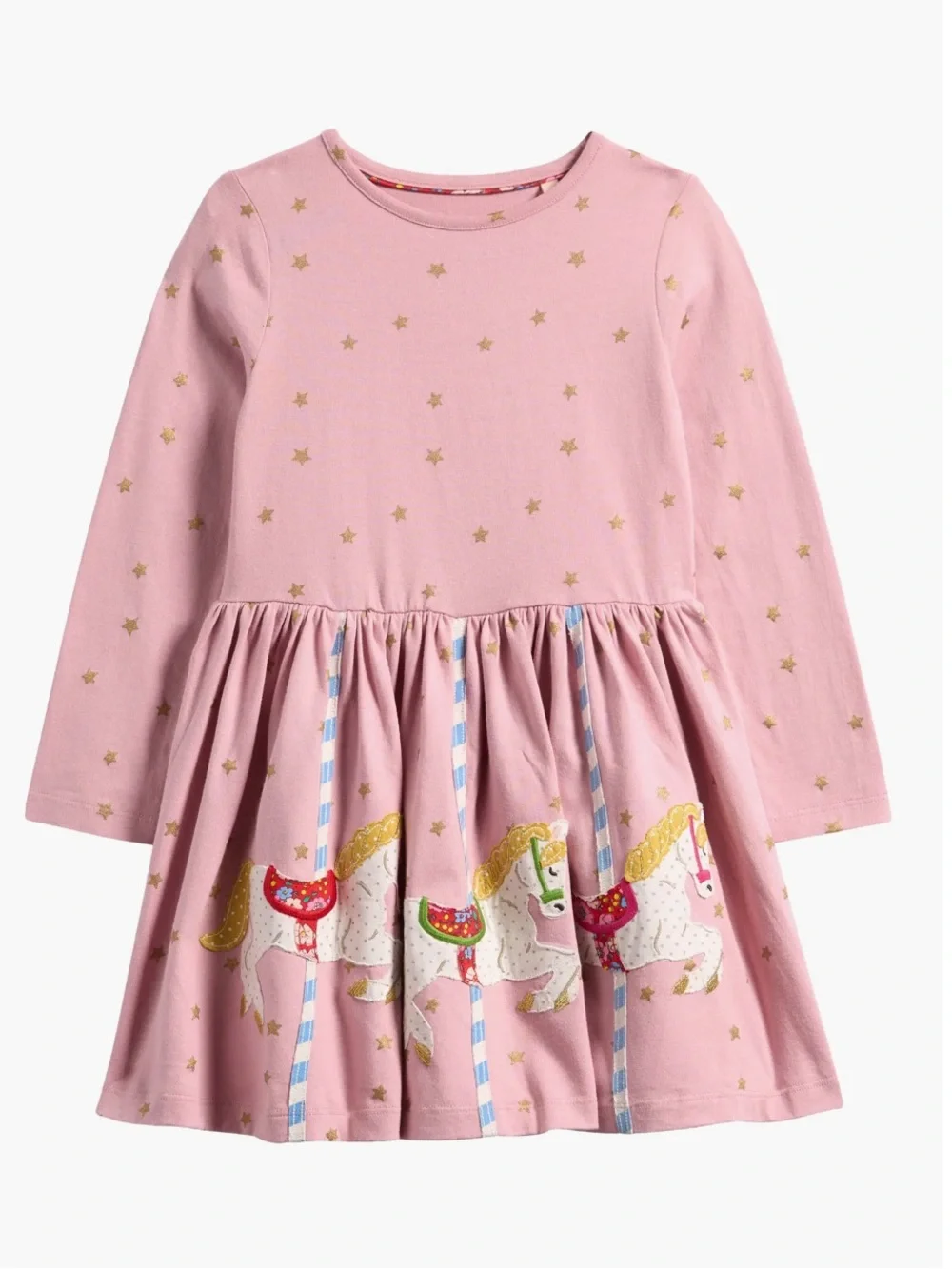Mini Boden Carousel Appliqué Pink Star Print Long Sleeve Summer Dress Size 5/6Y